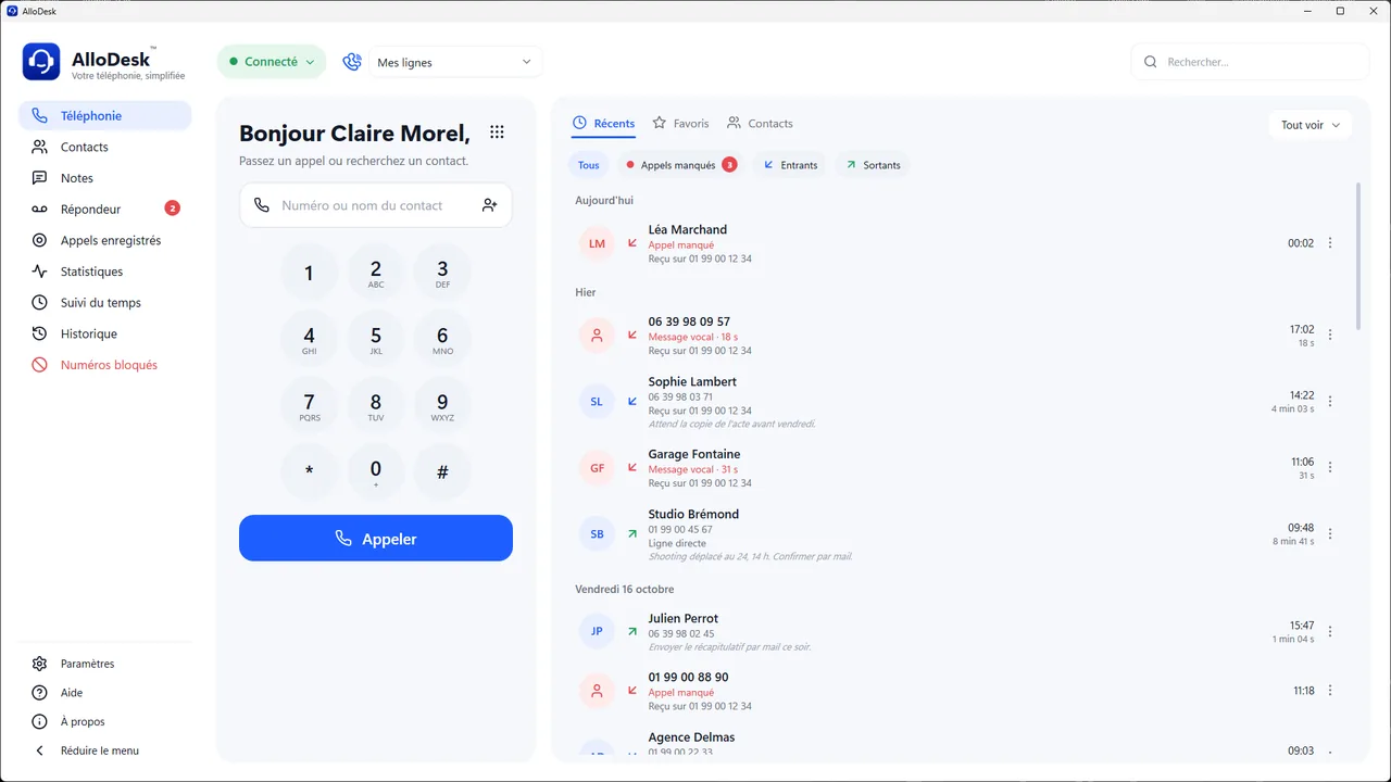 Page Téléphonie d'AlloDesk : clavier et appels récents groupés par jour
