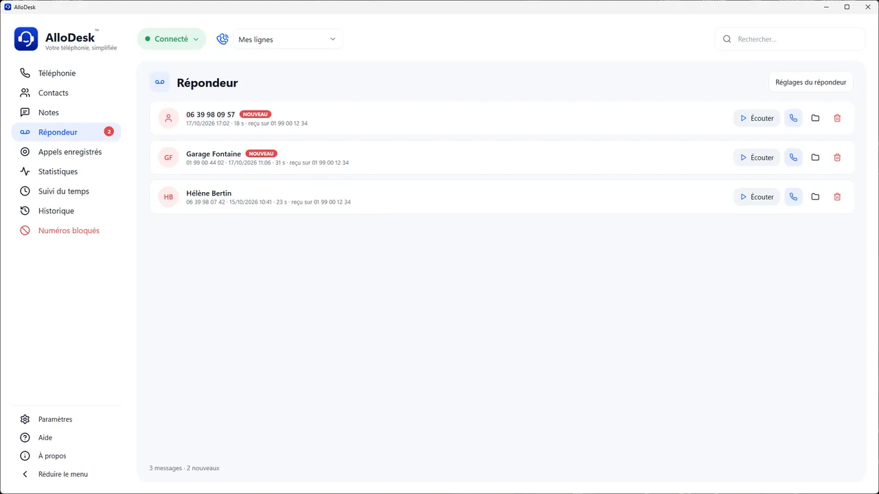Page Répondeur d'AlloDesk : messages laissés par les clients, à écouter et rappeler