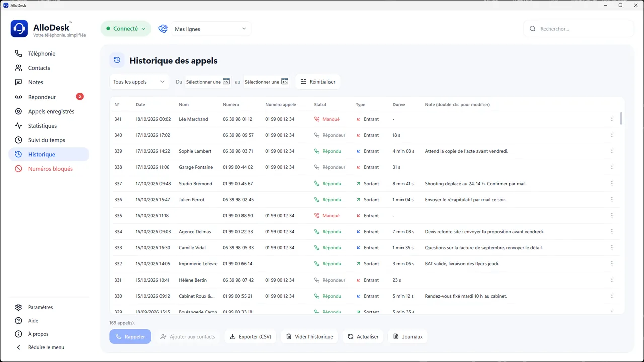 Historique d'AlloDesk : chaque appel avec le numéro appelé, la durée et la note