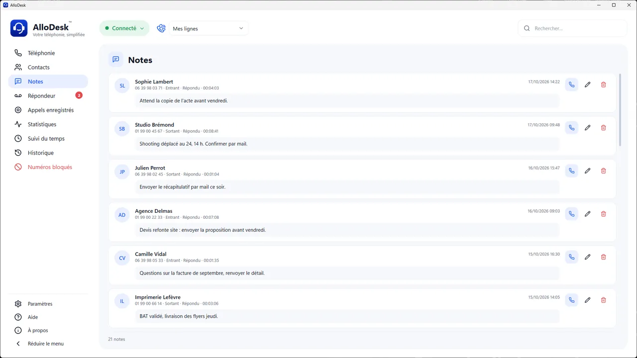 Page Notes d'AlloDesk : les notes prises sur les appels de chaque client